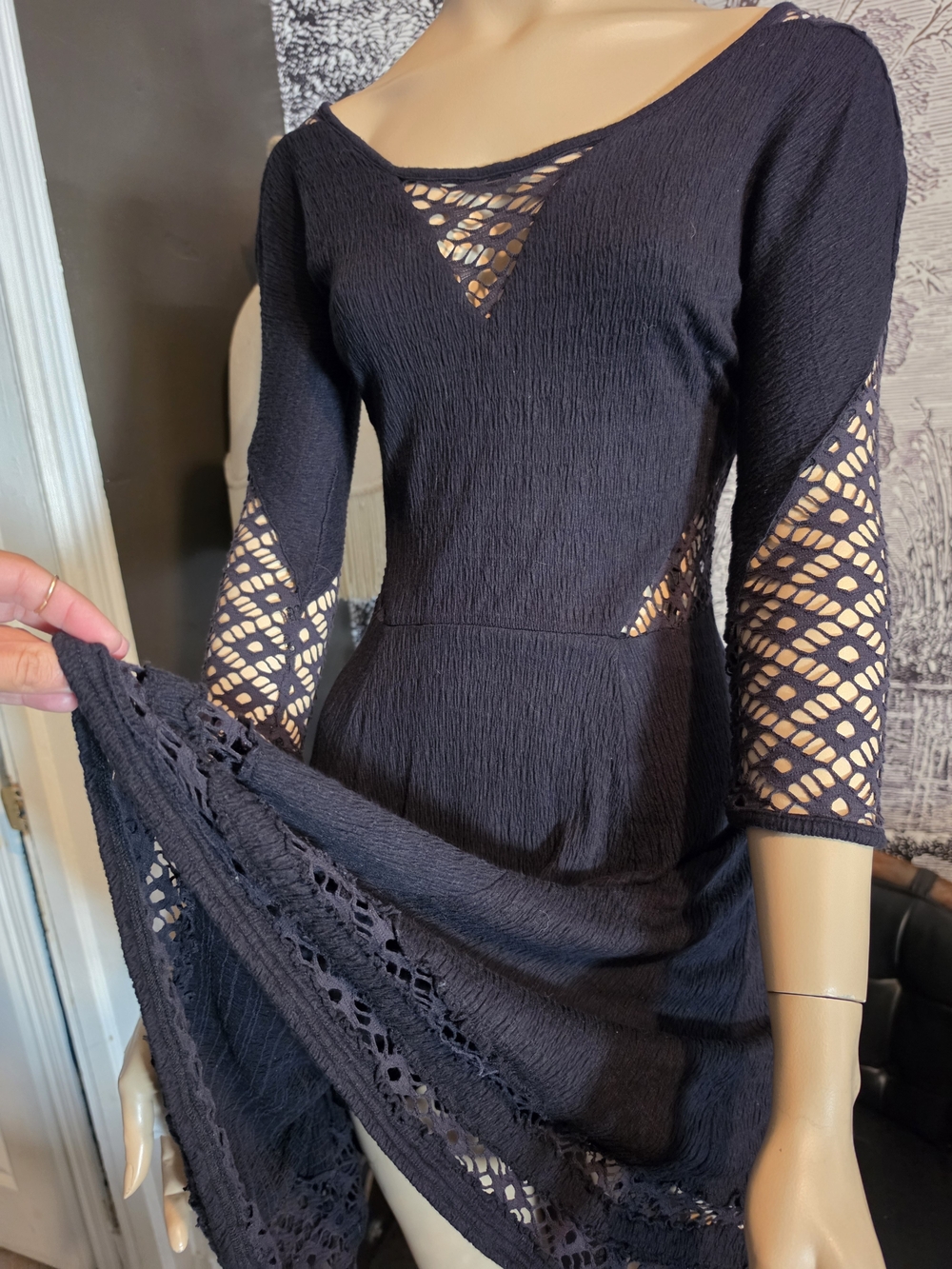 Free People To The Point Black Lace Inset Fit Flare Mini Dress XS - Picture 3 of 7